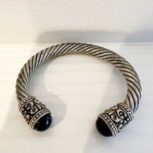 Twisted Cable Design Silver  Tone Cuff Bracelet  With Black Stones Women’s